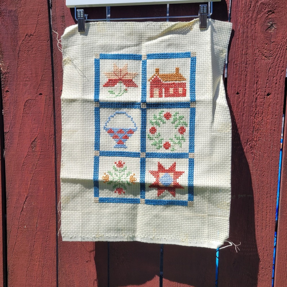 VTG Handmade Finished Cross Stitch Floral House 20.5x 15.5in Blue Cottagecore